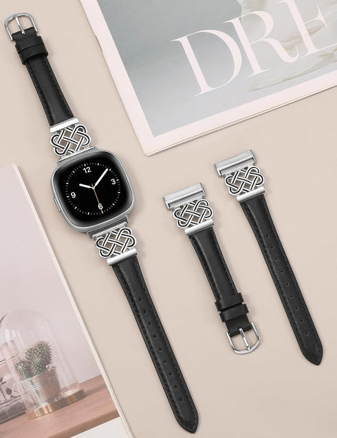 TOYOUTHS Leather Band for Fitbit Versa 4/3/Sense 2, Slim Thin Dressy Designer Premium Leather Strap with Interlock