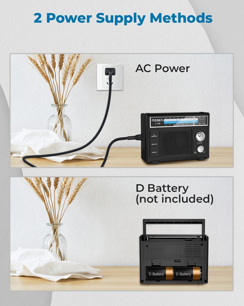 PRUNUS Portable Radio AM FM, Battery Operated and Plug in Wall, Loud Speaker with AUX in and Microphone