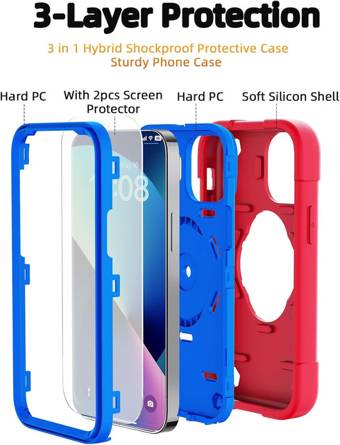 KCJ iPhone 13 & 14 Case - Shockproof, Military Grade Drop Protection, 6.1" with 2 Screen Protectors (Red+Blue)