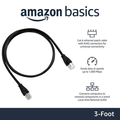 RJ45 Cat-6 1Gpbs 3 Amazon Basics Ethernet Patch Cable, Data Transfer Speed, Gold-Plated Connectors, Foot, Black