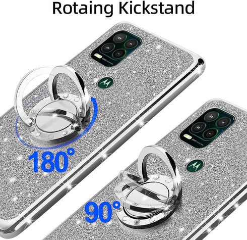 for Moto G Stylus 5G Case (2021), Cute Luxury Glitter Silicone TPU Phone Case with Kickstand, Silver