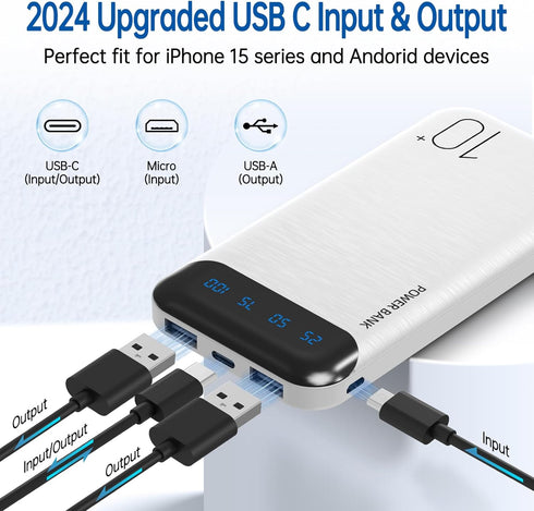 Power Bank 10000mAh Mobile Phone Portable Charger External Battery Pack with 2 USB 2.4 A Outputs and USB C Input Compatible with Huawei iPhone 12 11 X iPad Samsung Galaxy S20 Android Tablet (White)