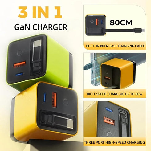 Silanit 3 1 Charger,80w 2 in GaN Fast Charger Adapter with Type-C Cable & USB Ports,Multi-Functional Retractable All