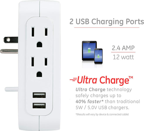 GE Pro Side-Access Swivel Surge Protector, 2 Pack, 5-Outlet Extender with 2 USB Ports, Wall Tap Adapter, White