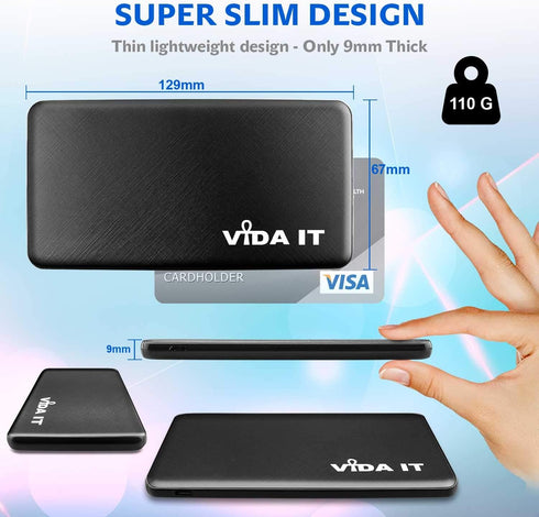 Vida IT Slim 5V 2A Power Bank, 5000mAh Portable USB Charger for Heated Vest, Jacket, Clothing, Scarf, Coat, Pants, Cell