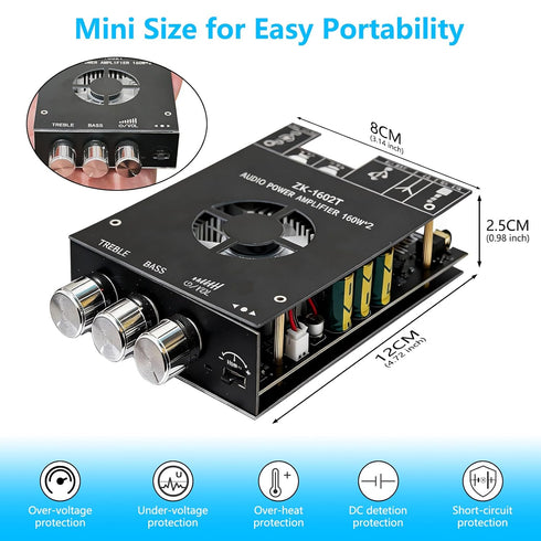 Generic 5.0 Board,160 2W 2.1 15-36 Bluetooth Audio Stereo Amplifier * HiFi Channel Mini Amp Module with Treble & Bass