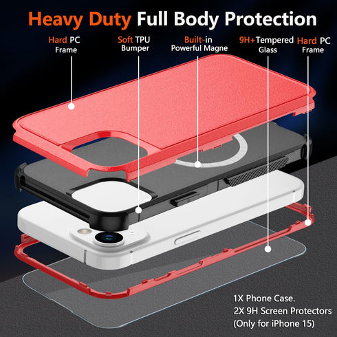 Diverbox iPhone 15 Case with MagSafe & Screen Protector 2 Pack - Heavy Duty, 15 FT Drop Protection, Shockproof (Red)