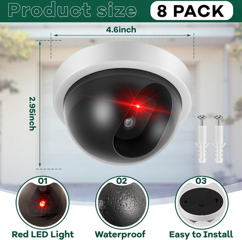 Kanayu 8 Pack Dummy Fake Camera, CCTV Dome Fake Security Camera with Flashing Red LED Light, White