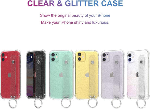 iPhone 11 Clear Glitter Case with Hand Strap, Soft Silicone Gel Rubber Sparkle Cover for Girls Women