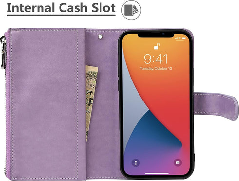 iCoverCase iPhone 13 Pro Wallet Phone Case, PU Leather Zipper Pocket Magnetic Detachable Flip Case with Wrist Strap