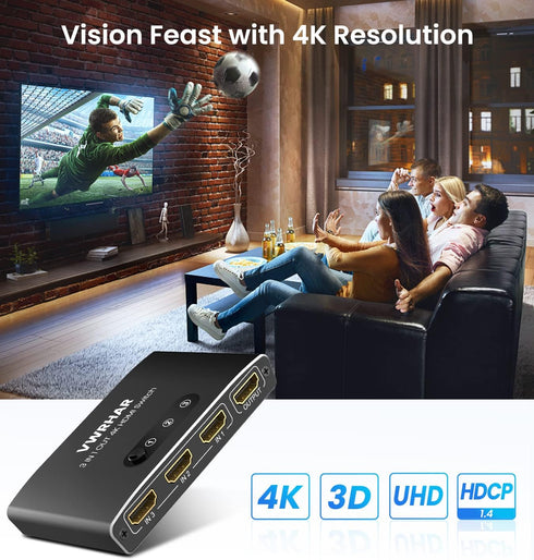 VWRHar 3 1 4K 4K 3D 1080P HDCP2.2 PS5 PS4 HDMI Switch in Out UHD HDMI Switcher Splitter, Automatic Switch with Remote