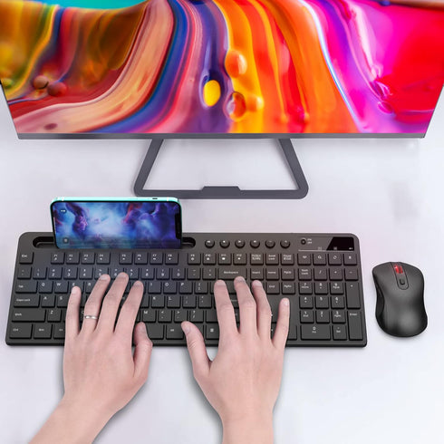 MARVO Wireless Keyboard and Mouse Combo - 2.4G Ergonomic Keyboard with Phone Tablet Holder, Silent Mouse (Black)