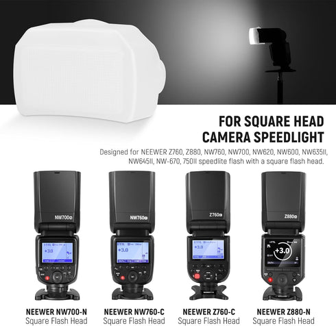 NEEWER Flash Diffuser for Square Head Speedlite Flash, Snap On PC White Light Modifier for Various Speedlights