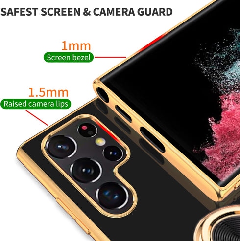 Tnarru Soft TPU Shockproof Case for Samsung Galaxy S22 Ultra with Ring Holder Kickstand, Black Electroplated