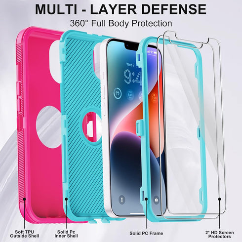 Annymall for iPhone 14 Case with 2 Screen Protector,Full Body Shockproof Drop Protection Dust Proof Heavy Duty 3-Layer Rugged Durable Military Grade Cover for Apple iPhone 14 6.1" (Rose/light green)