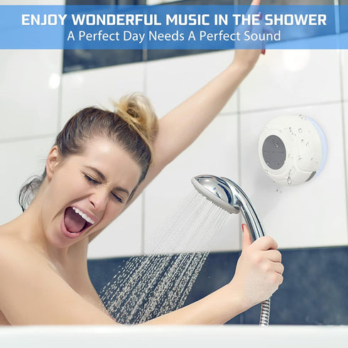 Portable Waterproof Bluetooth Shower Speaker, Wireless Water-Resistant Suction Cup Speaker with Built-in Mic, White