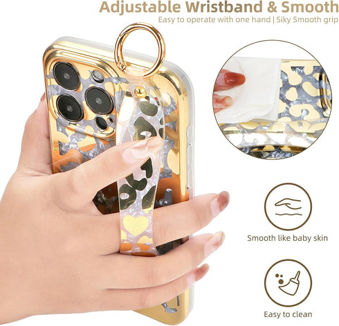 Cheetah Print Ultra Slim IMD Shockproof Wrist Band Kickstand Cover Case for iPhone 13 Pro 6.1-inch (Leopard Skin