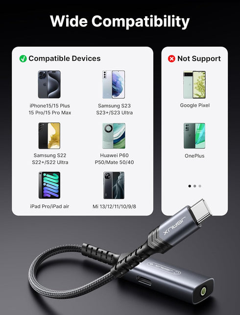 JSAUX USB C to 3.5mm Headphone and Charger Adapter, 2-in-1 AUX Mic Jack with PD 60W Fast Charging for iPhone 15 Pro