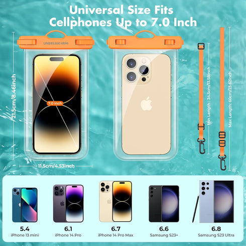 UNBREAKcable Waterproof Phone Pouch, IPX8 Universal Waterproof Phone Case Dry Bag with Lanyard for iPhone 14 13 12 11 Pro Max XR X XS SE 8 Plus Samsung S23 S22 Ultra S21 S10 up to 7", Orange + Purple