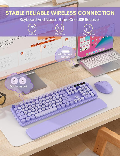 Wireless Keyboard and Mouse Combo, Cute Typewriter Keyboard with Detachable Wrist Rest, Retro Round Keycaps, 2.4GHz for