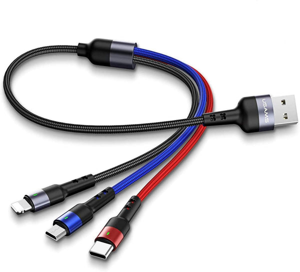 USAMS ISAIBELL 1ft Multi USB Cable 2Pack - Nylon Braided 3 in 1 Charger with Type-C & Micro USB for Cell Phones.