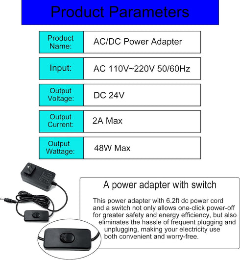 Gilivier 24V 24V 6.2FT 100-240V 50/60Hz 24Volt 48W 2A 1.5A 1A 0.5A 5.52.5mm&14 Power Supply AC Adapter DC Power Cord