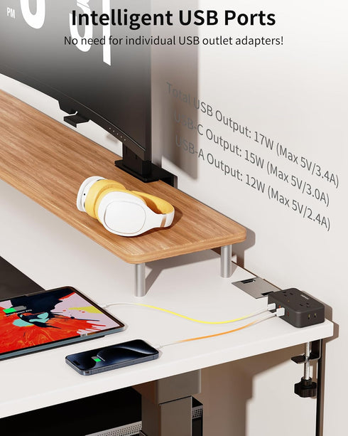 HOPOW 4 4 (2 10Ft 2.75" Desk Clamp Power Strip, Desktop Mount Charging Station with Outlets USB Ports USB C), Under