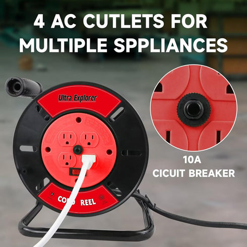 Extension Cord Storage Reel with 4-Grounded Outlets - Heavy Duty Open Cord Reel for 12/3 14/3 16/3 Power Cords