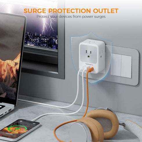 USB Plug Adapter for Wall Outlet, TESSAN USB Wall Plug with 1 USB C and 2 USB A, 4 AC Multiple Outlet Wall Plug, Surge