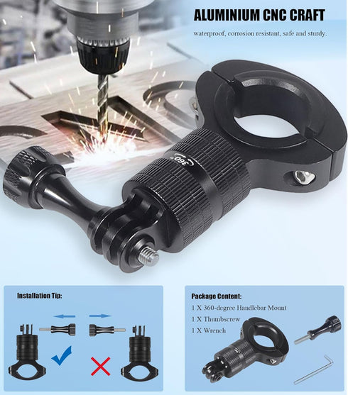 Aluminum Bike/Motorcycle Handlebar Mount for GoPro, AKASO, and Other Action Cameras, 360 Degrees Rotary Mount