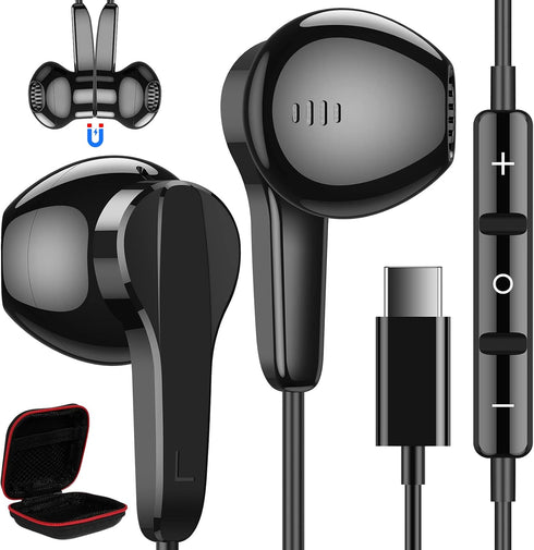 USB C Headphones for Samsung S24 Ultra S23 Fe S22+, Type C Earphones with Microphone, HiFi Stereo Volume Control, Wired