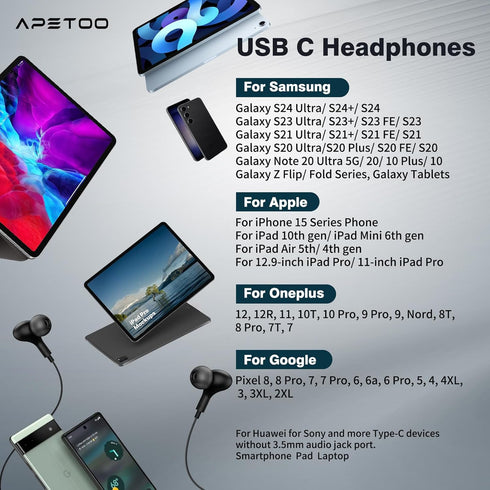 USB C Headphones for Samsung Galaxy S24 Ultra S23 FE S22 S21, Magnetic Wired Earbuds with Microphone Volume Control