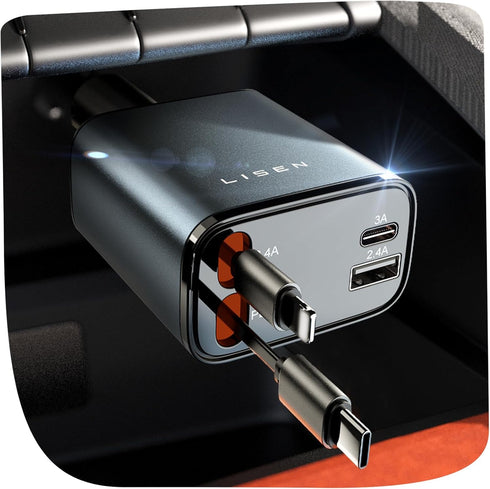 LISEN 69W Retractable Car Charger Adapter, Fast Charging Type C Car Charger for iPhone 16/15/14/13/12, Samsung, Gray