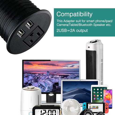 Desktop Power Grommet Outlet with 2 USB Charging Ports - 2 3/8 inch Hole, 6.5ft Extension Cord, 1 Outlet for Computer,