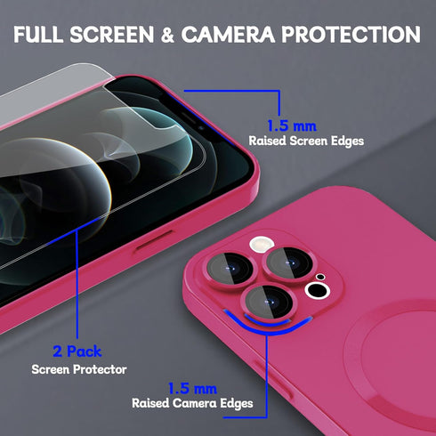 Hot Pink Magnetic Case for iPhone 12 Pro Max, Matte Soft Metallic, MagSafe Compatible, with Lens & 2 Screen Protectors.