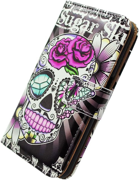 Purple Flower Sugar Skull Leather Flip Phone Case Wallet Cover with Card Slot Holder Kickstand for Google Pixel 6 Pro