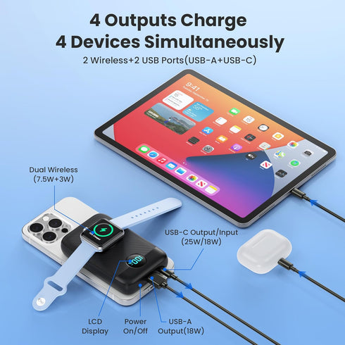 GKUTW Watch,10800mAh 25W QC4.0 Bank,4 Pack 17/Air/16/15/14/13/12 Magnetic Portable Charger for iPhone & Apple PD Fast