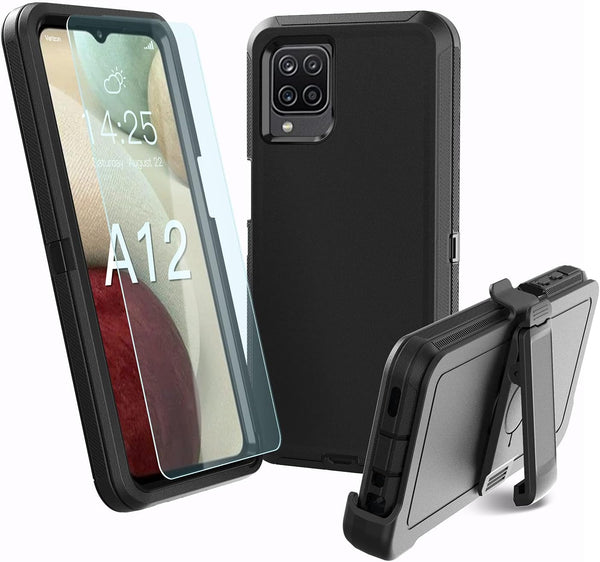 Heavy Duty Case for Samsung Galaxy A12, Shockproof, Dropproof, Dust-Proof with Clip (Black)