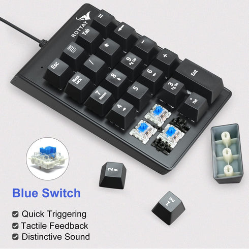 Rottay 22 Number Pad, Mechanical USB Wired Numeric Keypad with Blue LED Backlit Key Numpad for Laptop Desktop Computer