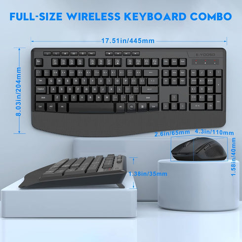 E-YOOSO Wireless Keyboard and Mouse Combo - 2.4GHz Full-Sized Ergonomic Keyboard with Wrist Rest, USB Mouse