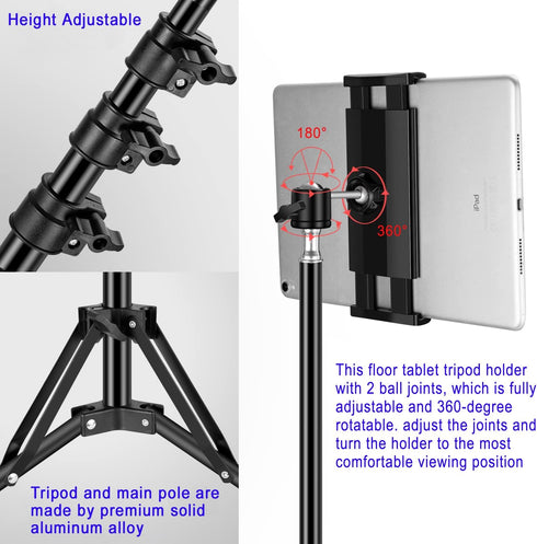 SAMHOUSING 65 inch 360 4.5-12.9 Inch Ipad Tripod Stand, with Height Adjustable iPad Stand Holder & iPad Floor Stand