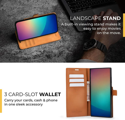 Snakehive Black Genuine Leather Wallet Case for Samsung Galaxy S23 Ultra with Card Holder and Stand