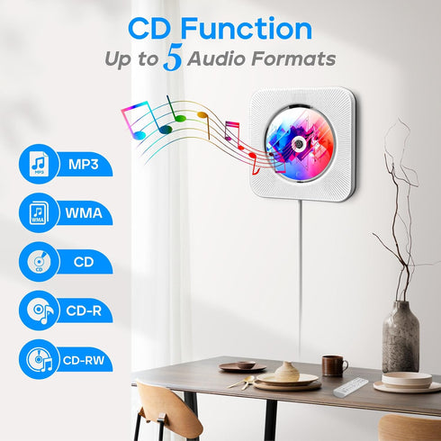 Wall CD Player with Speakers, ROADOM Bluetooth CD Player for Home, Hi-Fi Stereo Sound, Remote Control, White