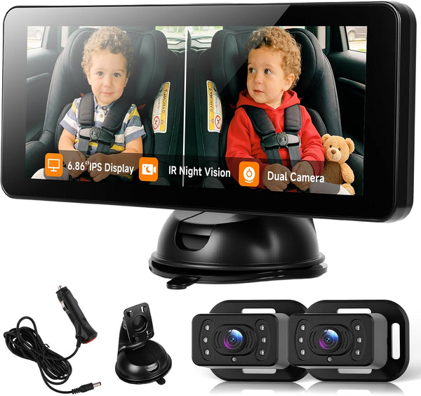 MAHVEC Dual Baby Car Monitor for 2 Kids - 6.86 Inch IPS Split