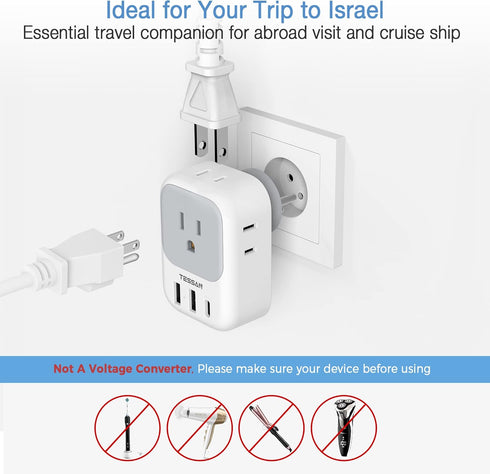 TESSAN Israel Power Adapter, US to Israel Plug Adapter with 4 American Outlets, 3 USB Charger