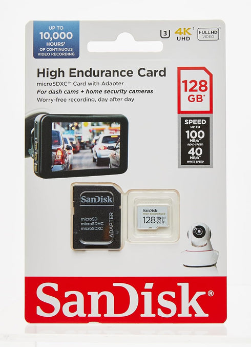 SanDisk 128GB High Endurance Video MicroSDXC Card with Adapter for Dash Cam & Home Monitoring - C10, U3, V30, 4K UHD