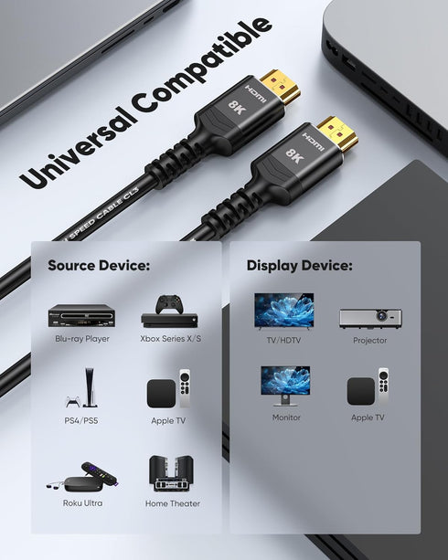 10K 8K 5FT, 4K@120Hz 144Hz 2.1 48Gbps, Highwings HDMI Cable HDMI Cord Ultra High Speed Durable, Flexible, for Gaming
