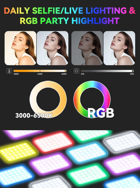 GLOUEN 4 10 3000mAh RGB Selfie Light for iPhone, Portable Phone Light Clip with Light Modes & Brightness Levels