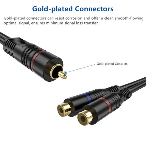 RCA Splitter, 2 Pack RCA Male to Dual RCA Female Y Splitter Cable, 8 Inches Gold Plated Audio Cord for Subwoofer Speaker