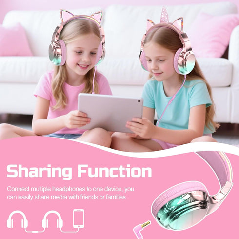 85/94dB Headset, QearFun Kids Cat Ear Headphones Wired with Mic, Safe Volume Limit, Sparkly Wired Foldable, Sharing